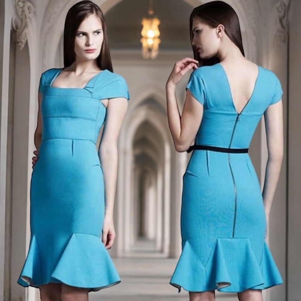 ROLAND MOURET Fitted Turquoise Blue Sheath Dress SZ 8